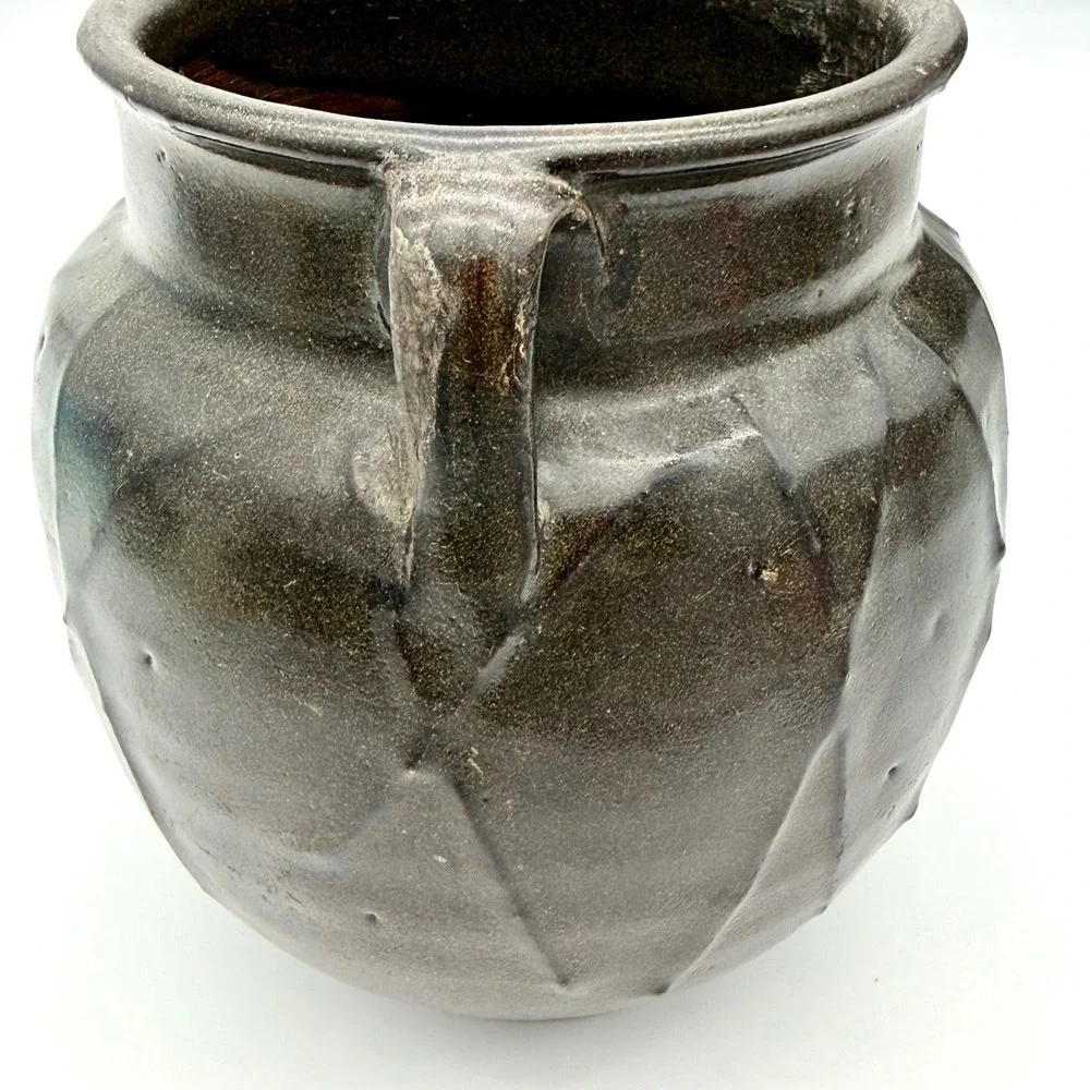 Antique 19thC Asian Brown Glazed Stoneware‎ Jar Cross Hatch Estate